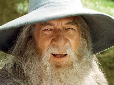 Gandalf the Grey in his pointed hat, smiling slightly