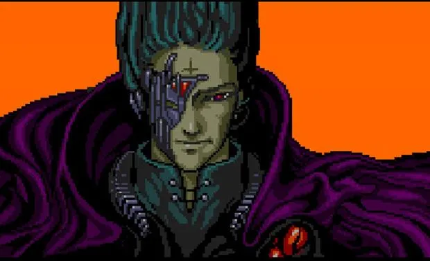 CATS, a pale cyborg villain, speaking from a screen