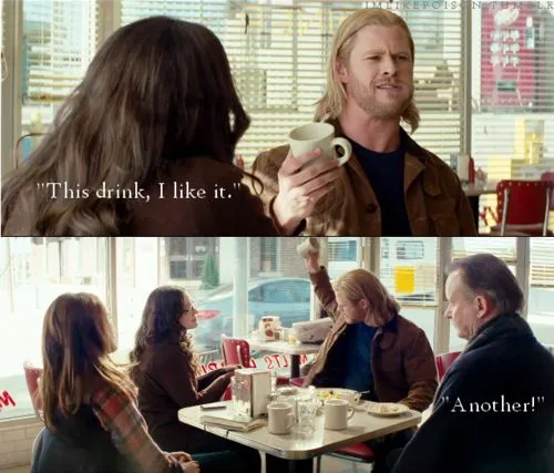 Thor in a diner, drinking coffee and then throwing the mug to the floor