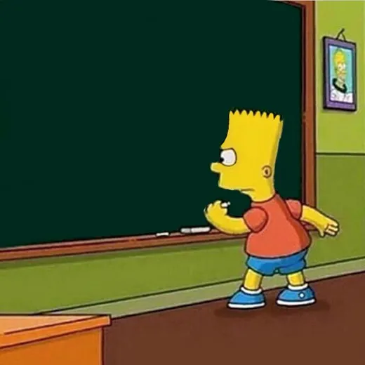 Bart Simpson writing on a green chalkboard in a classroom