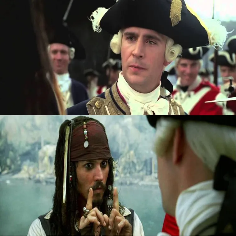 Two stills: Commodore Norrington talking, and Jack Sparrow replying with a grin