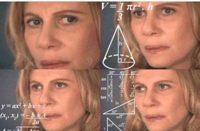 A blonde woman frowning in confusion, with math formulas and diagrams overlaid around her