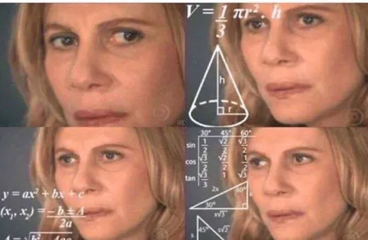 A blonde woman frowning in confusion, with math formulas and diagrams overlaid around her