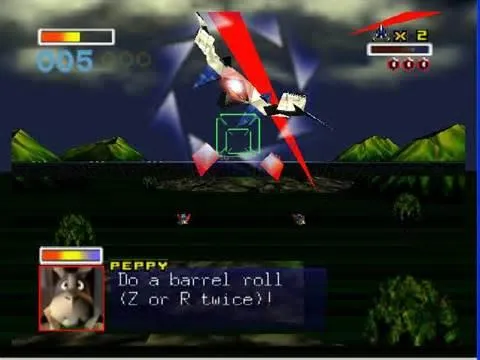 A scene from Star Fox 64 with Peppy Hare in a communication window