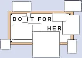 A wall at a workstation where photos are pinned over a sign so the visible letters read "Do it for her"