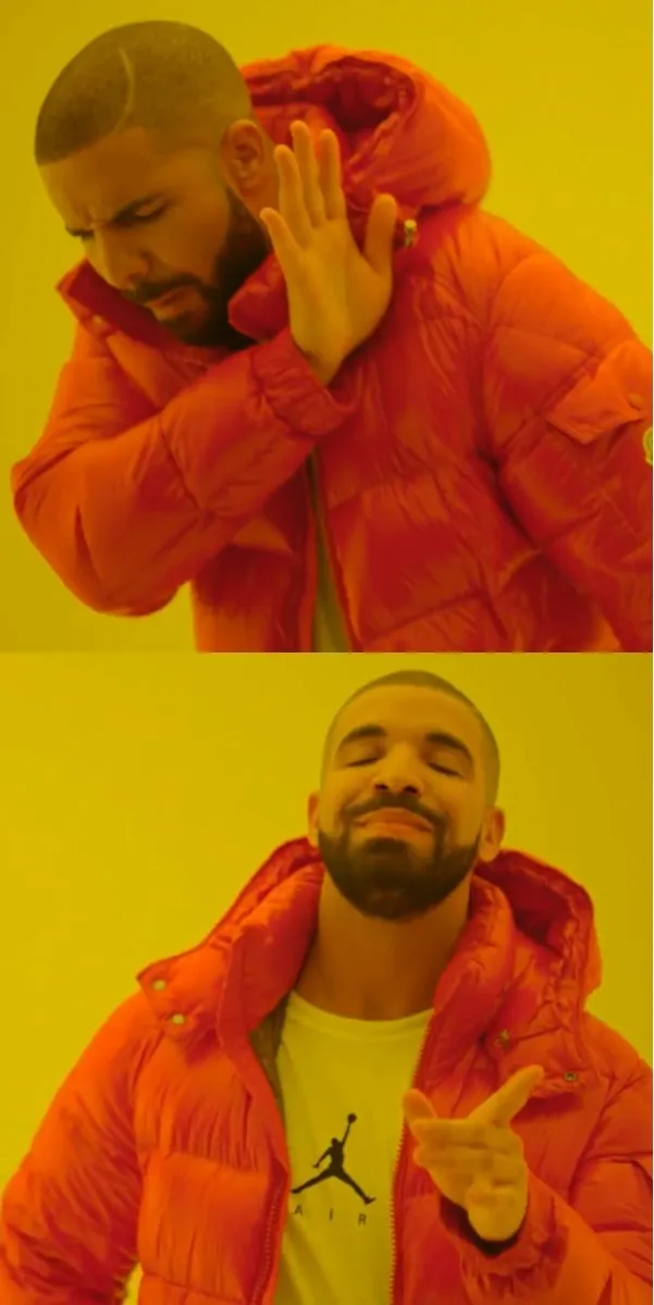 Two stills of Drake in an orange jacket: holding up a hand to refuse, then smiling and pointing in approval