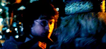 Dumbledore grabbing Harry by the shoulders and pushing him against a cabinet