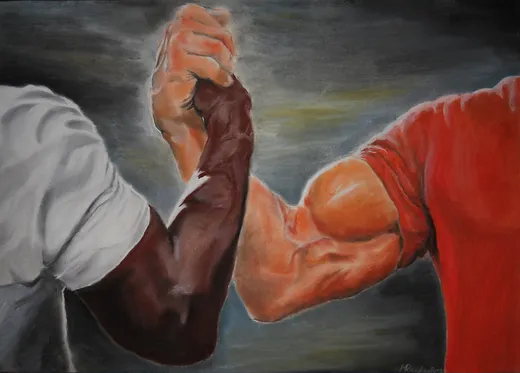 Two muscular arms, one dark-skinned and one light-skinned, gripping each other in a handshake