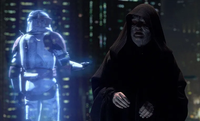 A blue hologram of Darth Sidious in a hood, facing a clone commander