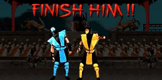 Two Mortal Kombat fighters, one dazed, with the words "Finish him!" on screen