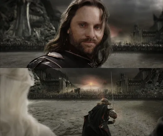 Aragorn in armour at the Black Gate, turning to look back before charging