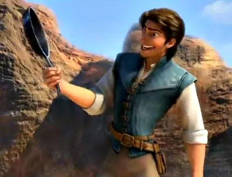 Flynn Rider holding a frying pan, looking amazed