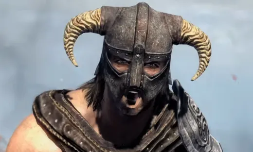 A warrior in an iron horned helmet, shouting