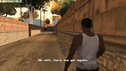 Carl "CJ" Johnson standing on a street in Los Santos, with subtitles