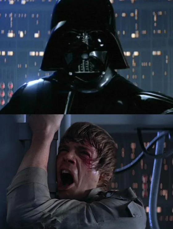 Darth Vader and Luke Skywalker facing each other on a gantry in Cloud City