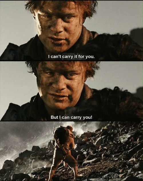 Panels of Sam talking to Frodo, then lifting him onto his back on the volcano