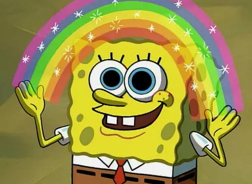 SpongeBob grinning and spreading his hands, with a rainbow arcing between them