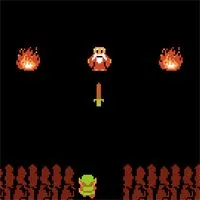 A pixel art old man in a cave between two fires, offering a sword