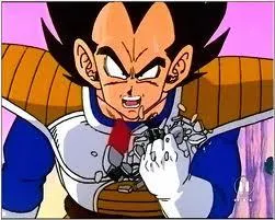 Vegeta in Saiyan armour, crushing his scouter in his fist and shouting