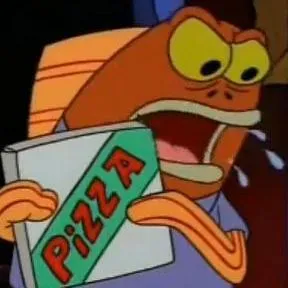 Mr. Krabs holding a pizza box, singing