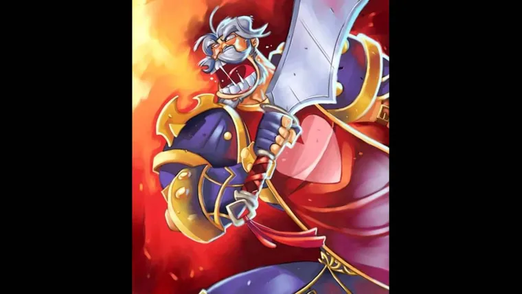 A cartoon drawing of a World of Warcraft paladin charging with a battle cry