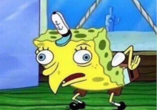 SpongeBob bent over with his head tilted back, imitating a chicken
