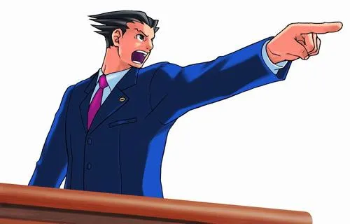 Phoenix Wright, a lawyer in a blue suit with spiky hair, pointing forcefully