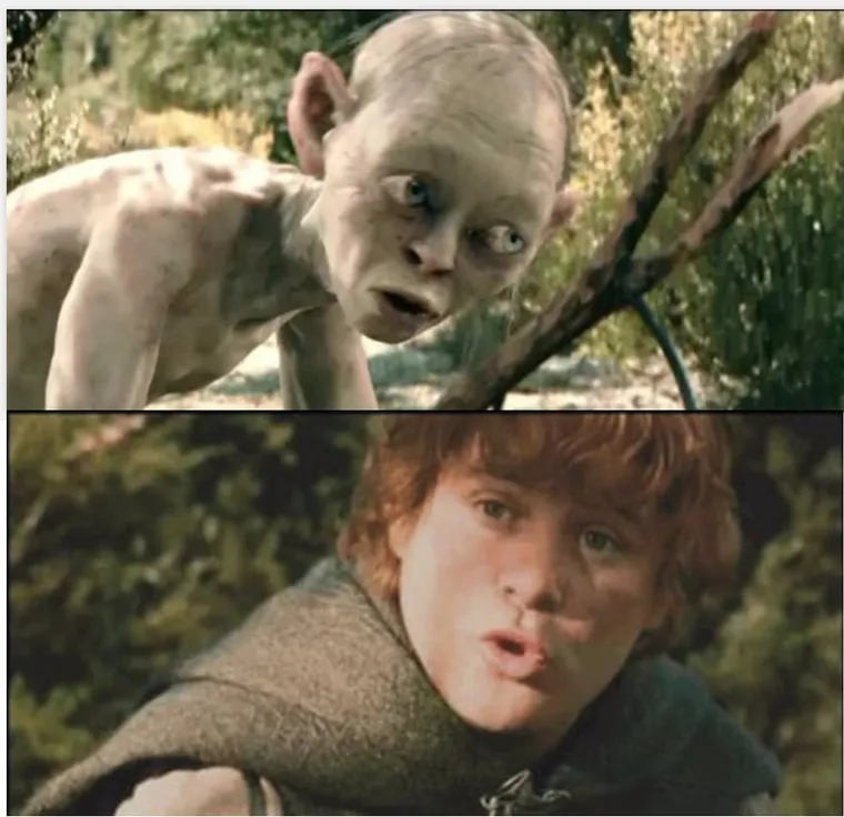 Two stills: Gollum crouching with a rabbit, and Sam leaning forward, explaining
