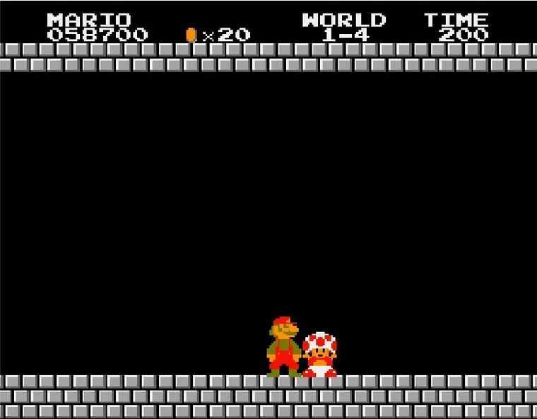 Pixel art Mario standing next to Toad in a castle room with a message
