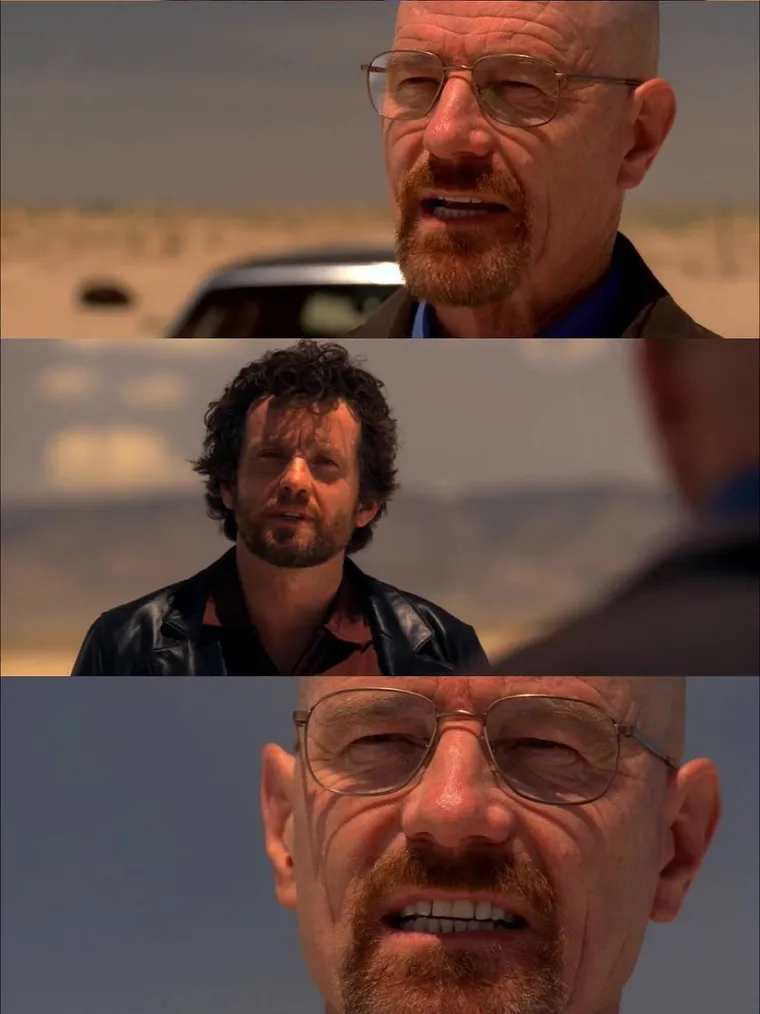 Three stills: Walter White, Declan in the desert, and Walter again