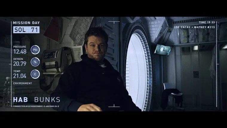 Matt Damon as astronaut Mark Watney speaking into a camera