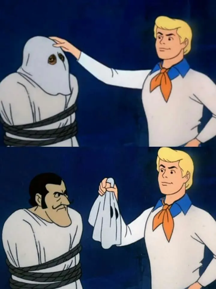 Four panels: Fred pulling the mask off a captured villain to reveal the person underneath