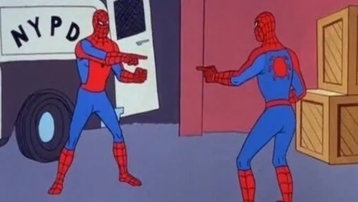 Two cartoon Spider-Men in a street, each pointing accusingly at the other
