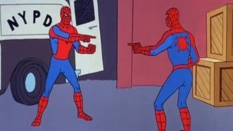 Two cartoon Spider-Men in a street, each pointing accusingly at the other