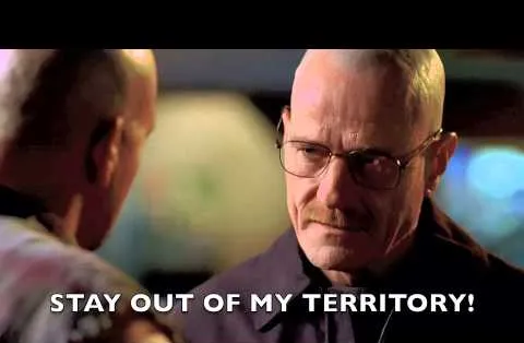 Walter White, bald with a goatee, staring coldly, with the subtitle "Stay out of my territory!"