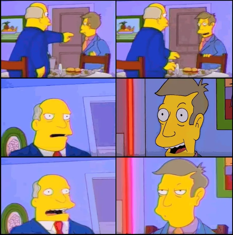 Several panels of Principal Skinner and Superintendent Chalmers talking in a doorway and kitchen