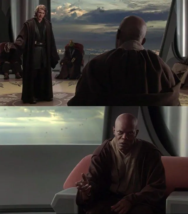 Mace Windu in the Jedi Council chamber, speaking to Anakin