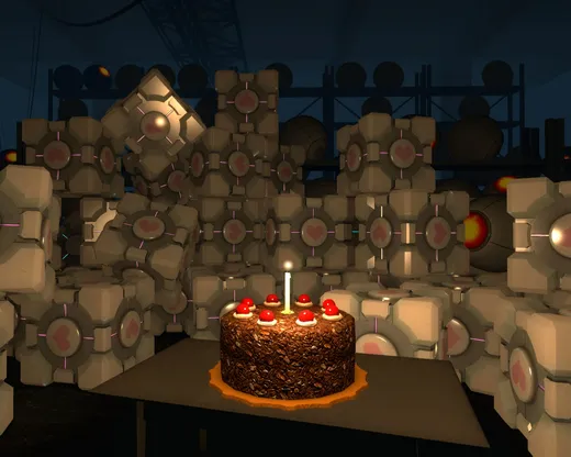 A chocolate cake with a single candle in a dark room