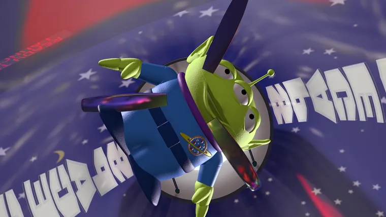 Green three-eyed toy aliens in a claw machine, looking up in awe