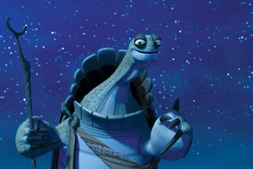 Master Oogway, an old tortoise, standing calmly under a peach tree at night