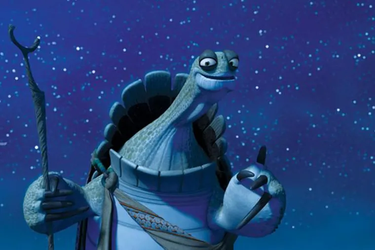Master Oogway, an old tortoise, standing calmly under a peach tree at night