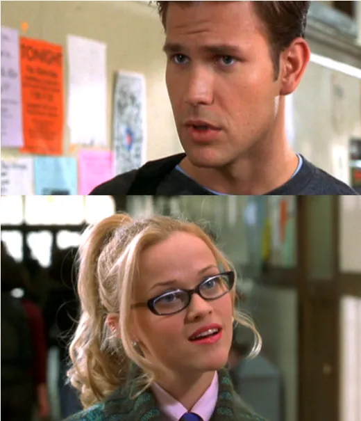 Two stills: a surprised man asking a question, and Elle Woods replying with a shrug