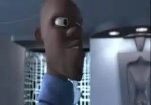 Frozone in a bathrobe, shouting upward into his apartment