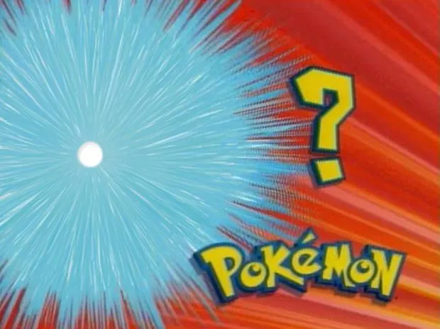 A black silhouette against a bright blue starburst background with question marks and the Pokémon logo