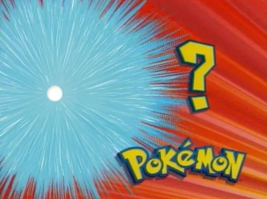 A black silhouette against a bright blue starburst background with question marks and the Pokémon logo