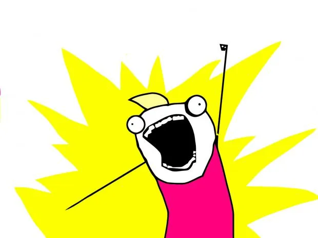 A cartoon stick figure with a ponytail holding a broom in the air, shouting
