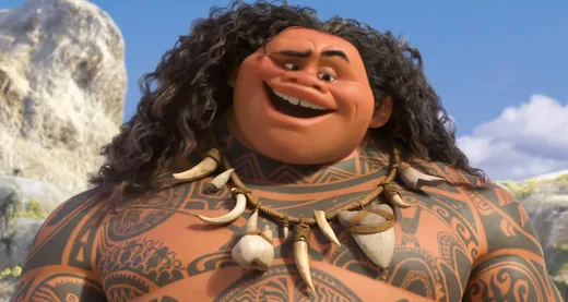Maui, a large tattooed demigod with long curly hair, grinning