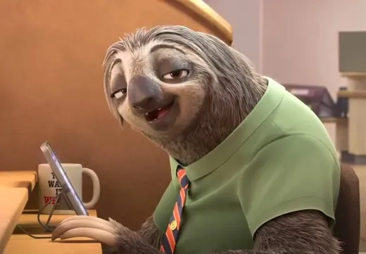 A sloth at a DMV desk, smiling very slowly